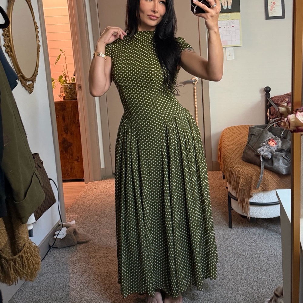 Reformation Maven Olive Polka Dot Midi Dress
